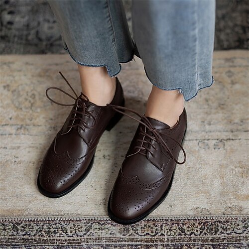 

Women's Oxfords Daily Mary Jane Chunky Heel Square Toe Casual Walking Shoes PU Leather Lace-up Solid Colored Black Brown