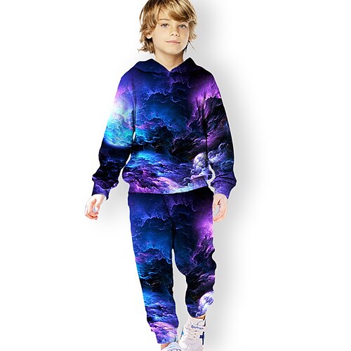 

2 Pieces Kids Unisex Hoodie & Pants Clothing Set Outfit Galaxy Space Gradient Ramp Long Sleeve Print Set School Sports Comfort Winter Fall 3-12 Years Green Blue Purple