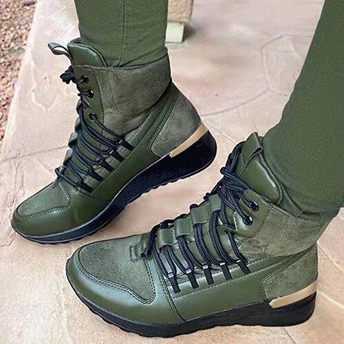 

Women's Boots Waterproof Boots Booties Ankle Boots Flat Heel Round Toe PU Lace-up Solid Colored Black Army Green