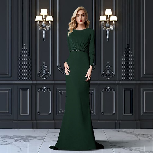 

Sheath / Column Mother of the Bride Dress Plus Size Elegant Jewel Neck Sweep / Brush Train Chiffon Long Sleeve with Sash / Ribbon 2022