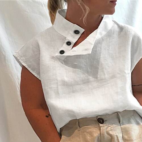 

Women's Plus Size Curve Tops Blouse Shirt Plain Button Short Sleeve Stand Collar Casual Casual Daily Polyester Spring Summer White Dark Blue