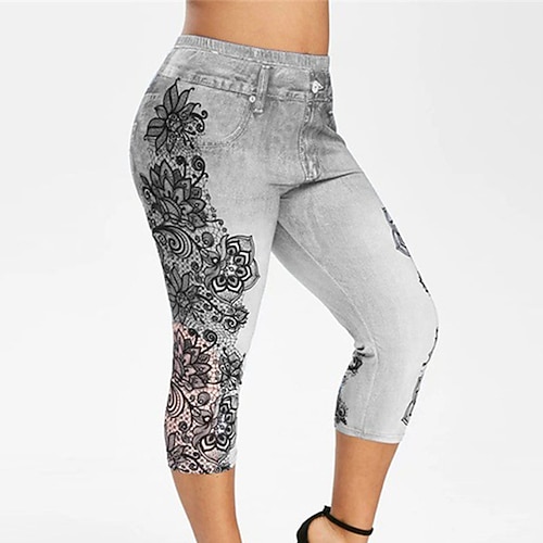 

Women's Plus Size Leggings Chinos Pocket Print Floral Sporty Yoga Home Casual High Calf-Length Fall Spring Blue Gray Purple L XL XXL 3XL 4XL