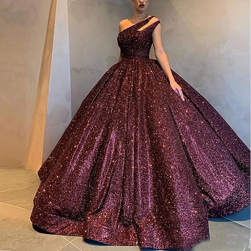 

Ball Gown Sparkle Sexy Quinceanera Formal Evening Dress One Shoulder Sleeveless Floor Length Sequined with Pleats Sequin 2022