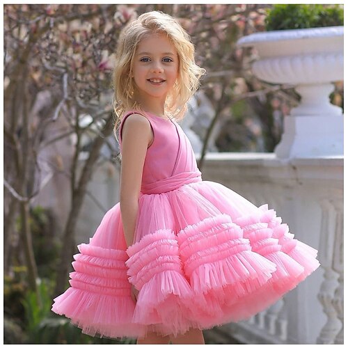 

Kids Little Girls' Dress Solid Colored Tulle Dress Party Birthday Mesh Bow Purple Pink Red Above Knee Short Sleeve Princess Sweet Dresses Fall Winter Slim 3-10 Years