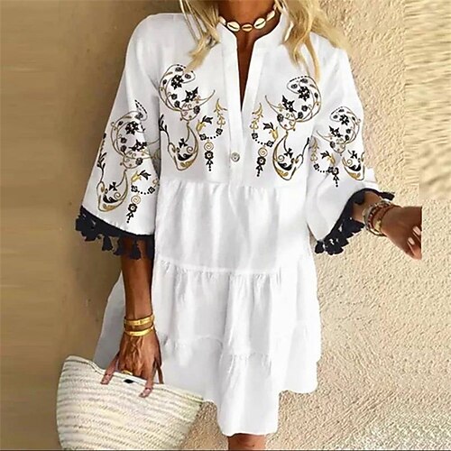 

Women's Shift Dress Mini Dress Black Blue Khaki Half Sleeve Floral Tassel Fringe Fall Spring Autumn V Neck Weekend 2022 S M L XL XXL 3XL