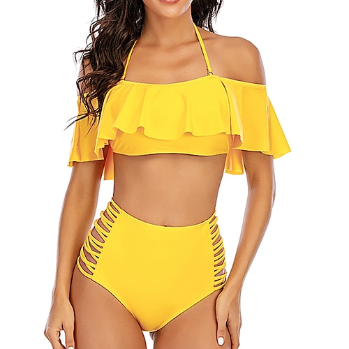 

Women's Swimwear Bikini 2 Piece Plus Size Swimsuit Ruffle Open Back for Big Busts Solid Color White Black Blue Yellow Bandeau Off Shoulder Bathing Suits New Vacation Sexy / Modern / Padded Bras