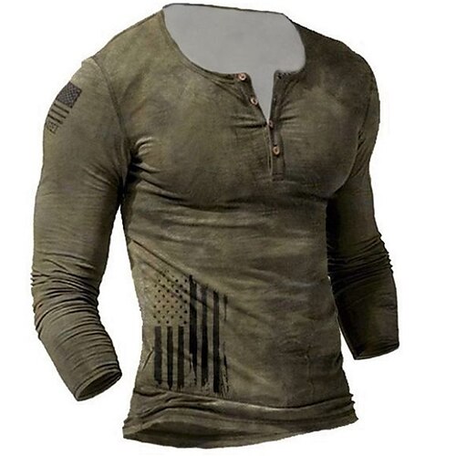 

Men's T shirt Tee Striped Graphic Prints Henley Army Green Dark Green Light Brown Khaki Gray 3D Print Plus Size Outdoor Casual Long Sleeve Button-Down Print Clothing Apparel Basic Vintage Fashion
