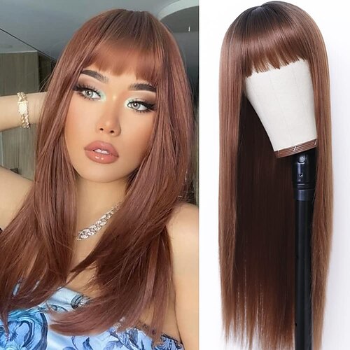 

Long Straight Synthetic Wig Gradient Light Brown Heat Resistant Fiber Hair Full Machine Wig With Bangs For Fashionable Women