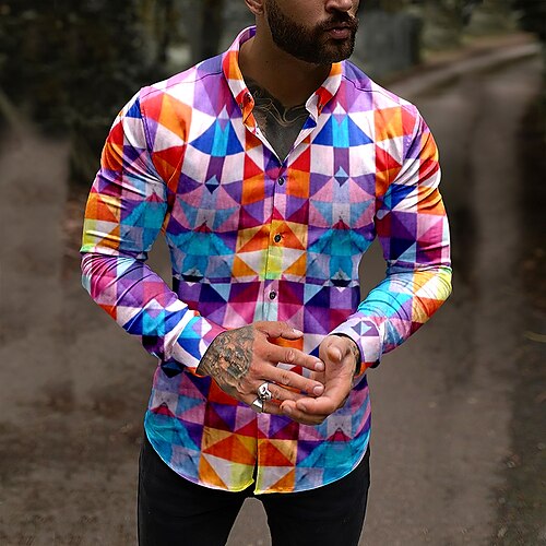 

Men's Shirt Graphic Shirt Geometry Turndown Purple Outdoor Street Long Sleeve Button-Down Print Clothing Apparel Fashion Designer Casual Breathable