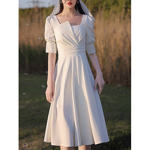 

A-Line Wedding Dresses Square Neck Knee Length Satin Half Sleeve Country Simple Vintage with Pleats 2022