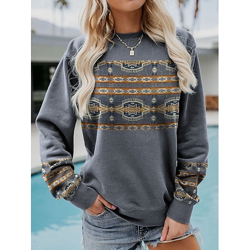 

Women's Sweatshirt Pullover Ethnic Casual Retro Print Dark Gray Geometric Plaid Plaid Checkered Casual Round Neck Long Sleeve S M L XL XXL