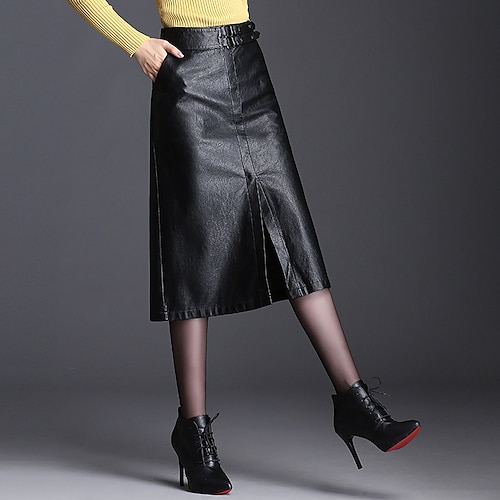 

Women's Punk Gothic Calf-Length Skirts Date Weekend Solid Colored Split Black M L XL