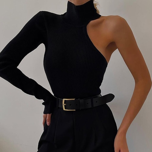 

Women's Bodysuit Solid Color One Shoulder Active Going out Regular Fit Long Sleeve Black S M L Winter