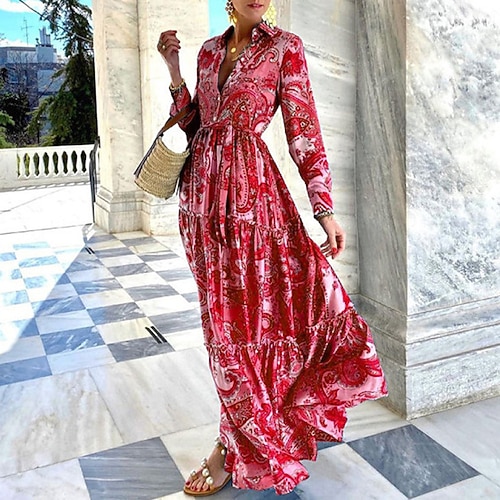 

Women's A Line Dress Maxi long Dress Green Blue Red Long Sleeve Floral Print Summer Shirt Collar Stylish Vacation Modern 2022 S M L XL XXL