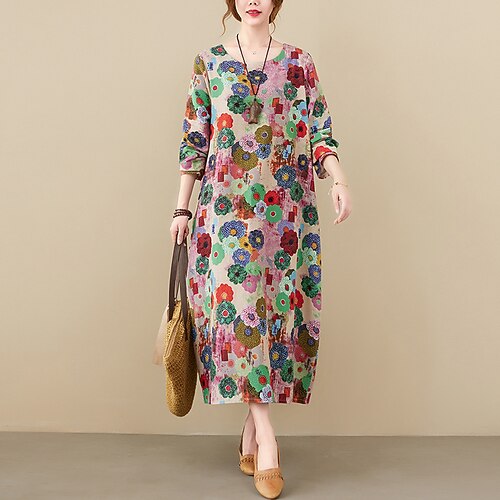 

Women's Casual Dress Shift Dress Midi Dress Fuchsia Long Sleeve Floral Pocket Winter Fall Autumn Crew Neck Winter Dress Weekend Fall Dress M L XL XXL