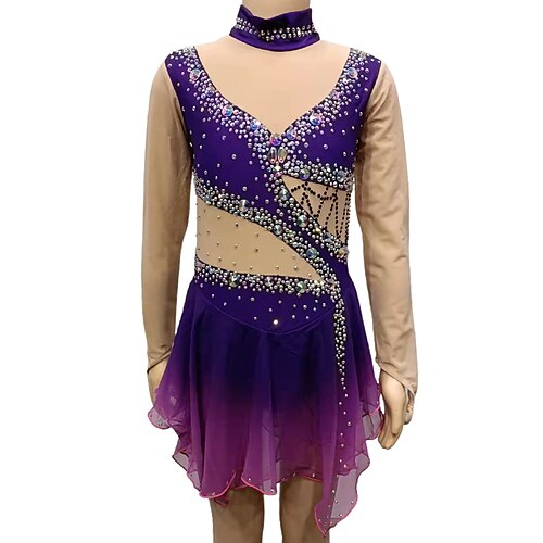 

Figure Skating Dress Women's Girls' Ice Skating Dress Purple Open Back Mesh Spandex High Elasticity Competition Skating Wear Handmade Crystal / Rhinestone Long Sleeve Ice Skating Figure Skating