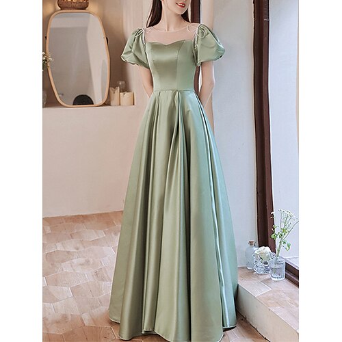 

A-Line Bridesmaid Dress Jewel Neck Short Sleeve Elegant Floor Length Satin with Bow(s) / Pleats 2022