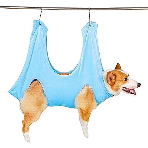 

Dog Grooming Hammock Helper, Pet Grooming Towel with Two Hooks for Help Dog and Cat Trim Nails and Grooming (M, Blue)