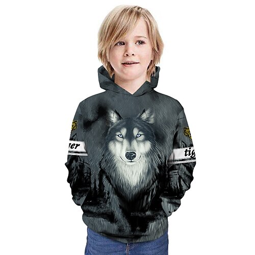 

Kids Boys Hoodie Animal Outdoor 3D Print Long Sleeve Active 4-12 Years Fall Black Wine Dark Gray