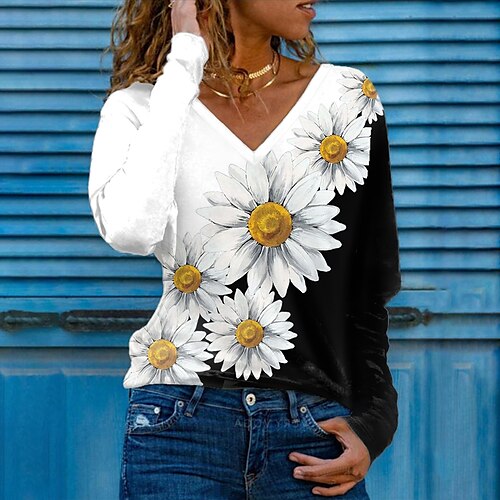 

Women's T shirt Tee Green Blue Pink Color Block Daisy Print Long Sleeve Holiday Weekend Basic V Neck Regular Floral Painting S