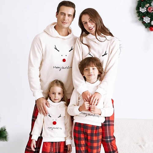 

Family Look Pajamas Plaid Deer Letter Daily Print Beige Long Sleeve Active Matching Outfits / Fall / Winter