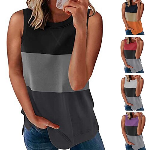 

dames farvematchende trykt stribet ærmeløs rund krave top pullover vest