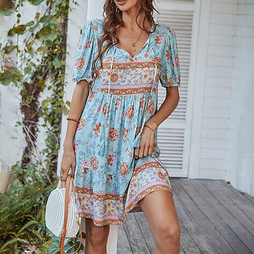 Women's A Line Dress Knee Length Dress Green Blue Pink Navy Blue Short Sleeve Floral Striped Print Spring Summer V Neck Stylish Casual Vacation 2022 S M L XL