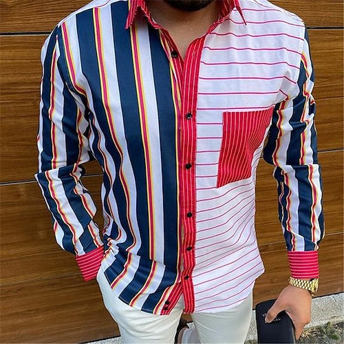 

Homens Camisa Social Letra Tartã Colarinho Clerical Azul Outras estampas Para Noite camisas de golfe Manga Longa Patchwork Imprimir Roupa Designer Punk e gótico / Delgado