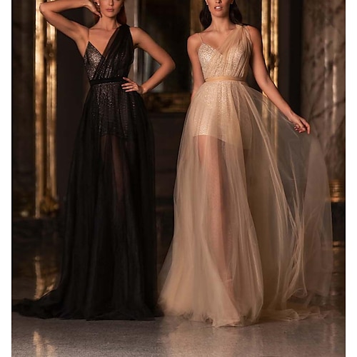 

A-Line Evening Dresses Glittering Dress Wedding Guest Court Train Sleeveless V Neck Tulle with Sash / Ribbon Sequin 2022 / Formal Evening / Sparkle & Shine