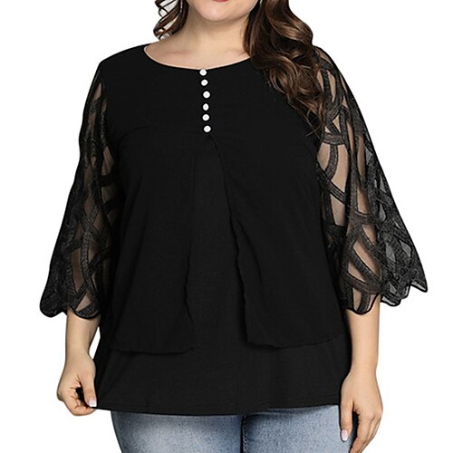 

Women's Plus Size Tops T shirt Tee Plain Lace Mesh 3/4 Length Sleeve Crewneck Streetwear Daily Going out Polyester Spring Fall Black