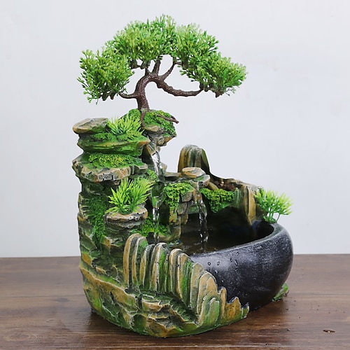 

Simulation Resin Rockery Fake Tree Garden Company Office Tabletop Ornaments Desktop Flowing Water Waterfall Fountain with Color Changing LED Lights Spray
