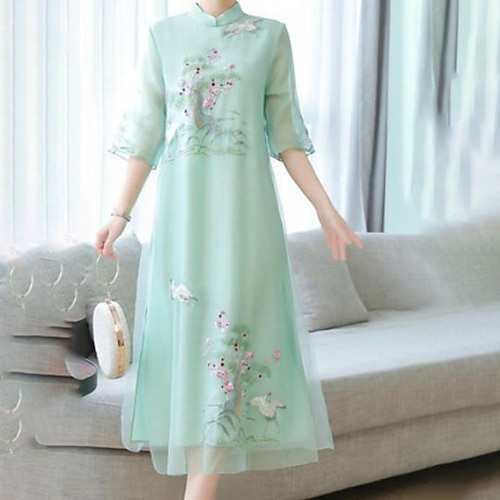 

Mujer Vestido Midi Verde Trébol Rosa Media Manga Floral Bordado Otoño Primavera Escote Chino Tejido Oriental Fin de semana M L XL XXL 3XL
