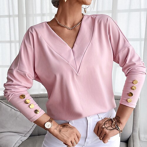 

Women's Plain Daily Weekend Shirt Long Sleeve Button V Neck Casual Streetwear Tops White Pink S