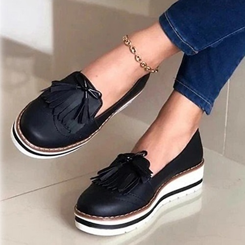 Women's Slip-Ons Loafers Tassel Loafers Platform Loafers Outdoor Daily Tassel Platform Wedge Heel Round Toe Vintage Classic Casual Walking Shoes Faux Leather Loafer Solid Color Solid Colored Black, lightinthebox  - buy with discount