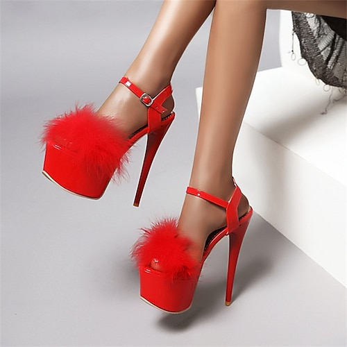 

Women's Sandals Daily Stilettos Furry Feather Platform Sandals Summer Platform High Heel Stiletto Heel Peep Toe Casual Faux Fur Ankle Strap Solid Colored Black Yellow Rosy Pink