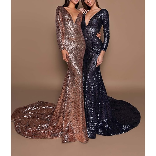 

Mermaid / Trumpet Sparkle Elegant Wedding Guest Formal Evening Dress V Neck Long Sleeve Court Train Sequined with Sequin 2022