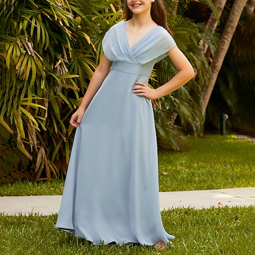 

A-Line Floor Length V Neck Chiffon Junior Bridesmaid Dresses&Gowns With Ruching Wedding Party Dresses 4-16 Year