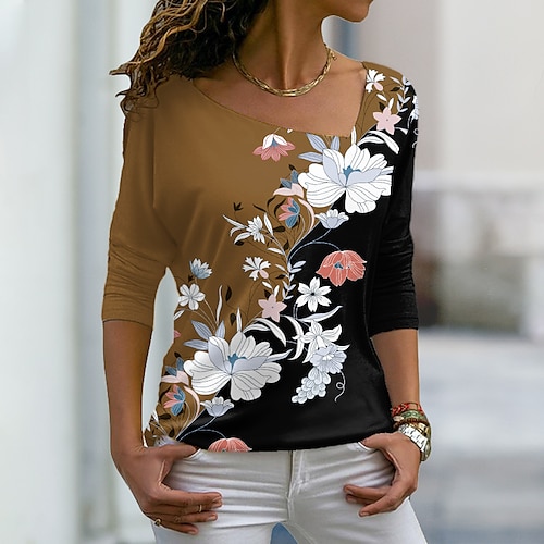 

Women's T shirt Tee Green Blue Yellow Floral Color Block Print Long Sleeve Holiday Weekend Basic V Neck Regular Floral Painting S