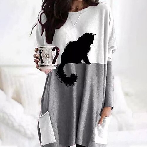 

Women's Shift Dress Maxi long Dress Gray Long Sleeve Print Cat Patchwork Print Fall Winter Round Neck Strapless Casual Loose 2022 S M L XL XXL 3XL