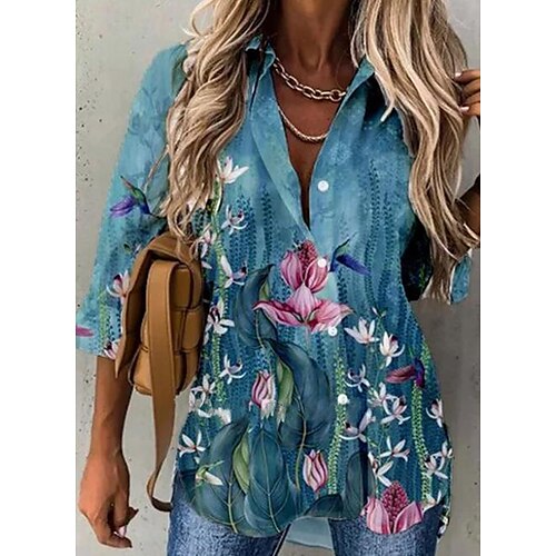 

Chemise Chemisier Femme Bleu Vert Gris Floral Imprimer manche longue Vacances Fin de semaine Vêtement de rue Décontractées Col de Chemise Normal Standard Fleur S