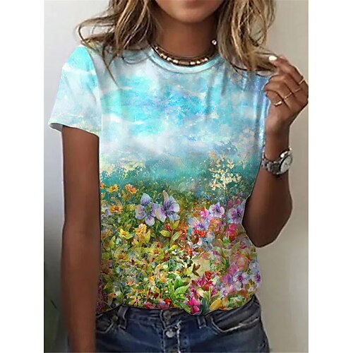 

Women's T shirt Tee Rainbow Floral Plants Short Sleeve Casual Daily Basic V Neck Regular Floral S / 3D Print