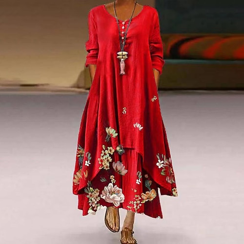 

Women's Swing Dress Maxi long Dress Red Long Sleeve Print Pocket Print Spring Summer Round Neck Casual Vintage 2022 S M L XL XXL XXXL 4XL 5XL / Loose