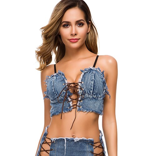 

Women's Camisole Crop Top Tank Top Shirt Blue Plain Drawstring Sleeveless Club Weekend Sexy V Neck Crop One-Size