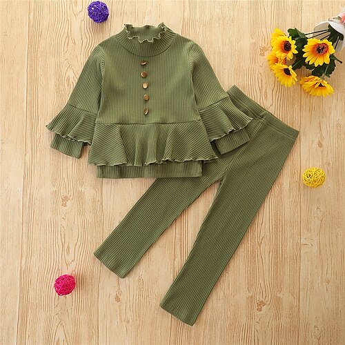 

2 Pieces Kids Girls' Clothing Set Outfit Solid Color Long Sleeve Cotton Set Daily Winter Fall 1-5 Years Green Pink