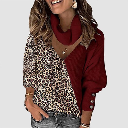 Women's Sweater Pullover Jumper Knitted Hole Button Color Block Leopard Stylish Casual Sexy Long Sleeve Loose Sweater Cardigans V Neck Fall Winter Blue Wine Black / Going out / Print