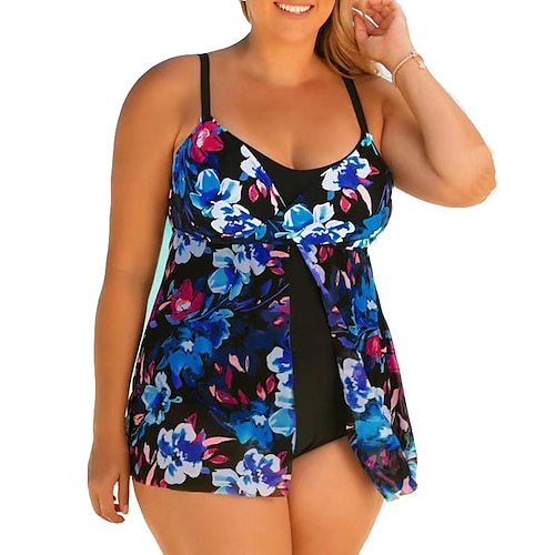 

Women's Swimwear Tankini 2 Piece Plus Size Swimsuit Modest Swimwear Open Back for Big Busts Print Floral Blue Camisole Strap Bathing Suits New Vacation Fashion / Modern / Padded Bras