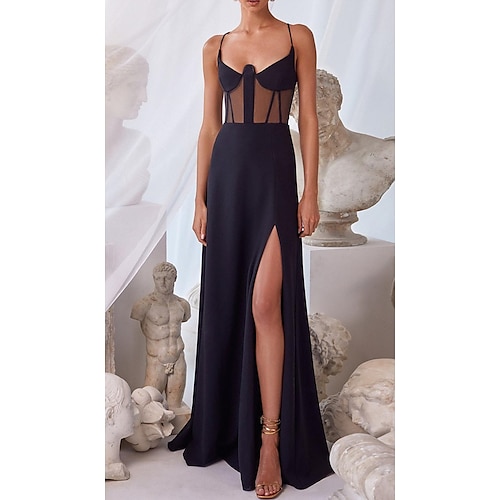 

A-Line Empire Sexy Wedding Guest Formal Evening Dress Sweetheart Neckline Sleeveless Floor Length Stretch Chiffon with Criss Cross Slit Strappy 2022