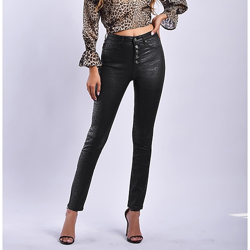 

Women's Skinny Pants Trousers Faux Leather Black Mid Waist Fashion Daily Weekend Pocket Print Micro-elastic Ankle-Length Comfort Leopard S M L XL XXL / Slim