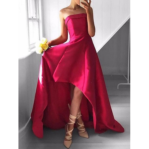 

A-Line Minimalist Elegant Party Wear Prom Dress Strapless Sleeveless Sweep / Brush Train Satin with Sleek Pure Color 2022 / Asymmetrical