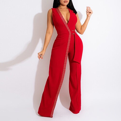 

Women's Jumpsuit Solid Color V Neck Basic Party Club Regular Fit Sleeveless Green Red S M L Spring